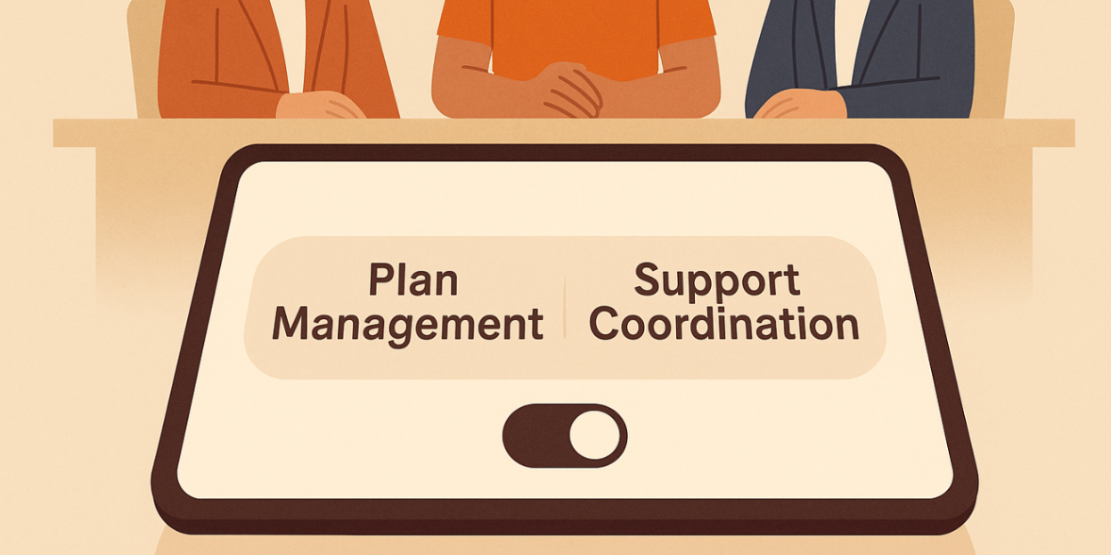 blet displaying a toggle between Plan Management and Support Coordination with a blurred meeting in the background — NDIS decision tool