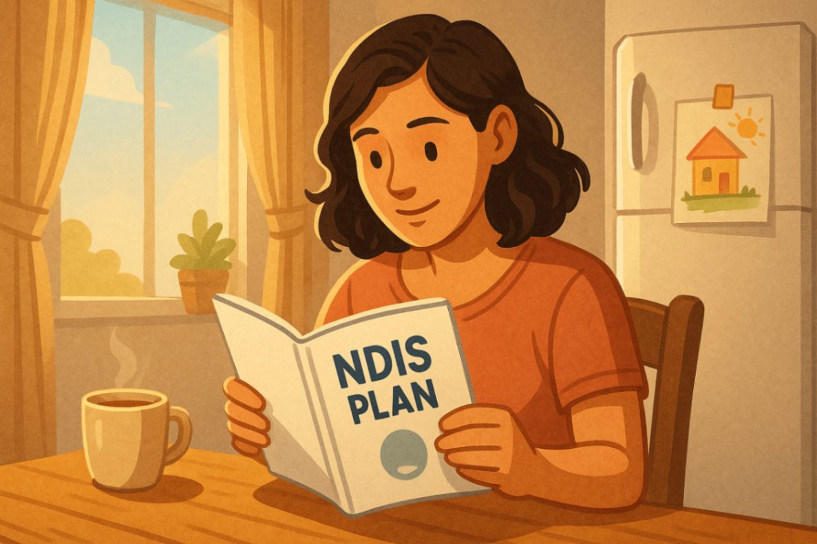 A mother reads through her child’s NDIS plan booklet at the dining table in a warm, sunlit home, with a cup of tea and a child’s drawing on the fridge—symbolising clarity and comfort in understanding NDIS supports.