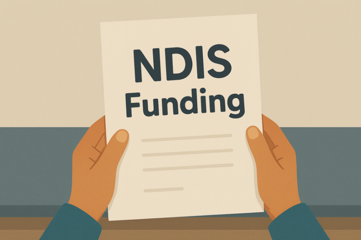 Point-of-view shot of hands holding a document titled “NDIS Funding,” highlighting autism support eligibility guidelines and funding application steps.