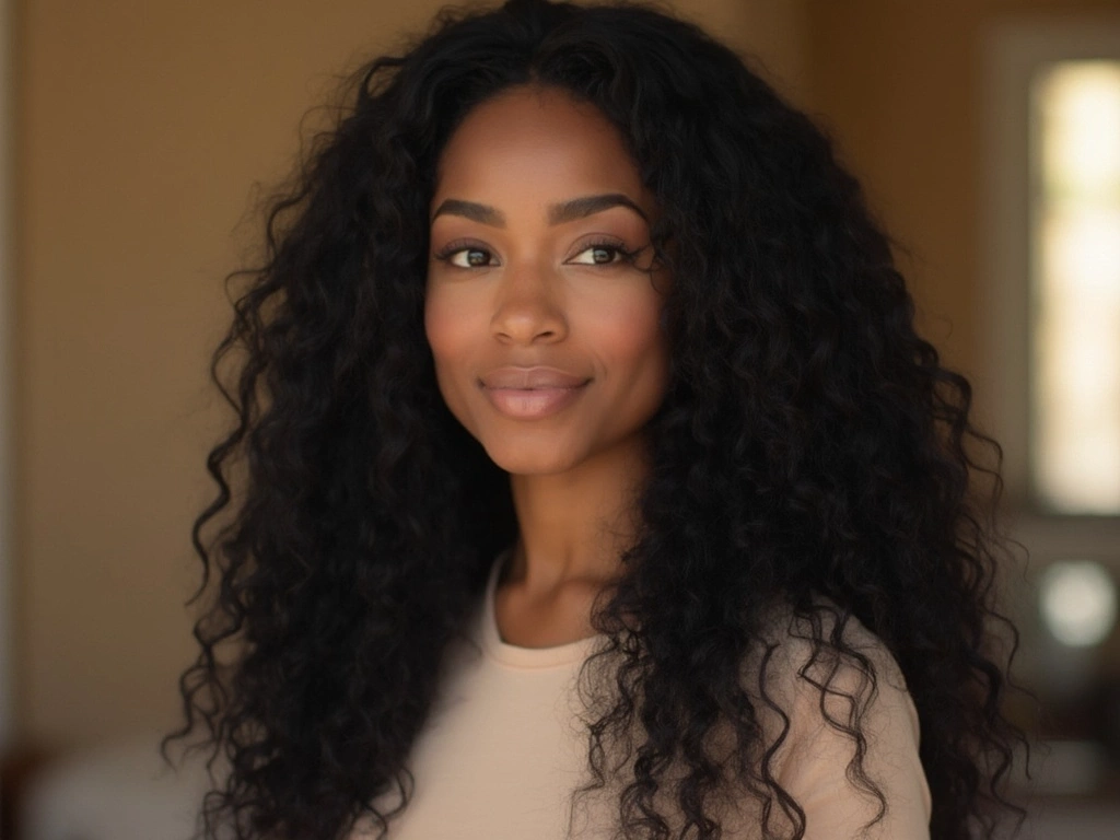 Young African American woman with long deep curly HD lace wear go wig, natural style, Sincerely4u.