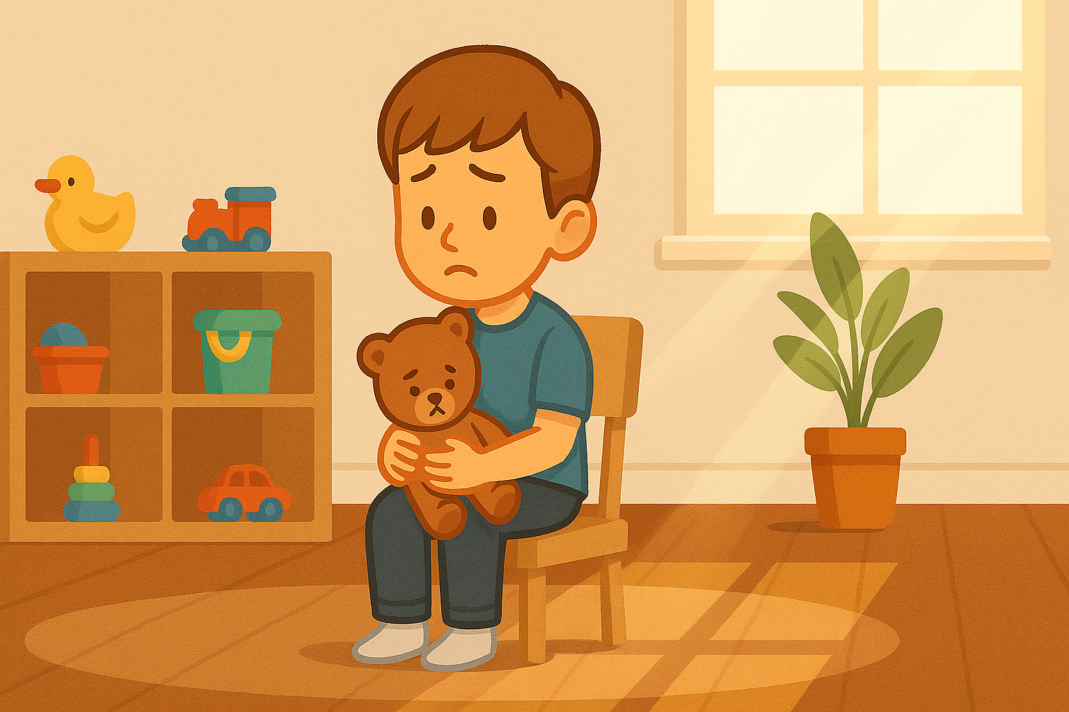 Child holding a teddy bear in a quiet room, showing signs of anxiety or emotional distress.