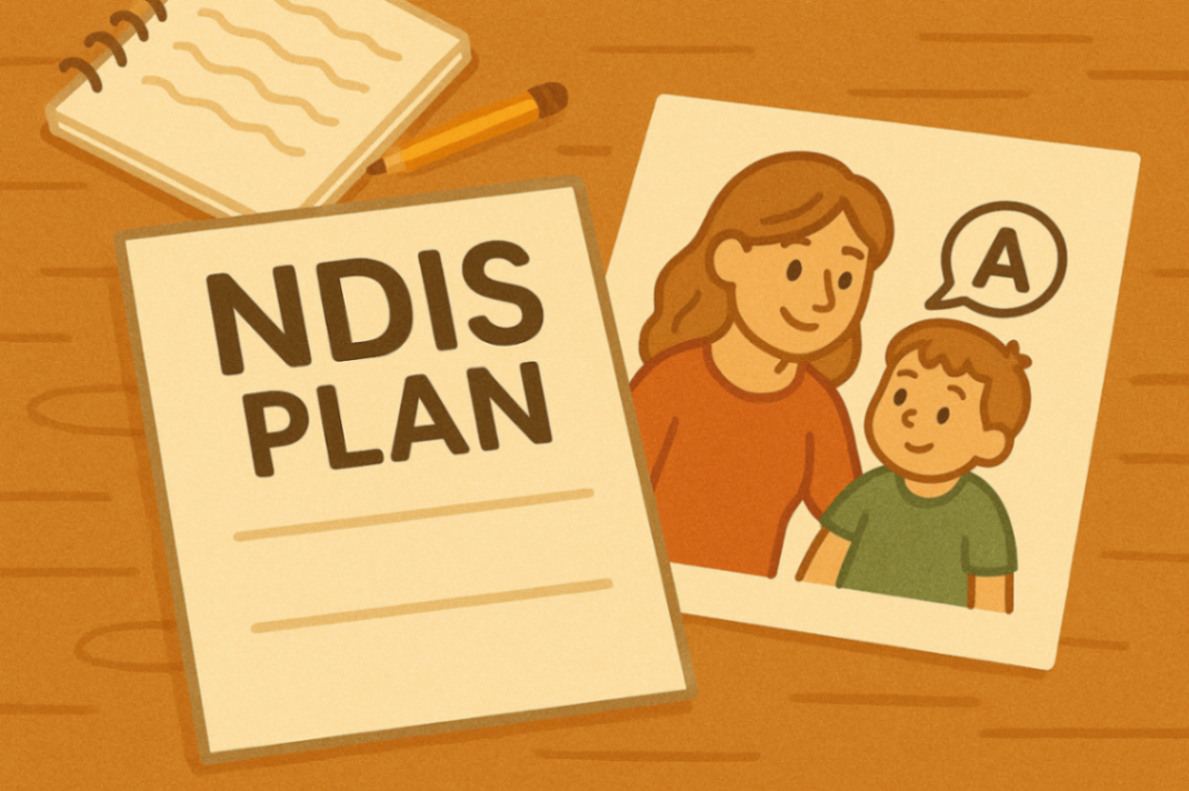 A flat-lay of an open NDIS plan with therapy materials, showing a parent and child working together to prepare for in-home speech therapy in Liverpool.