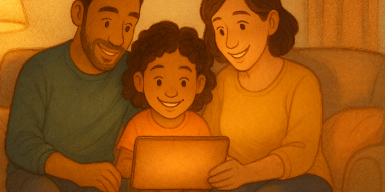 Family sitting on couch reviewing NDIS plan tools on a glowing tablet, digital art with friendly feel