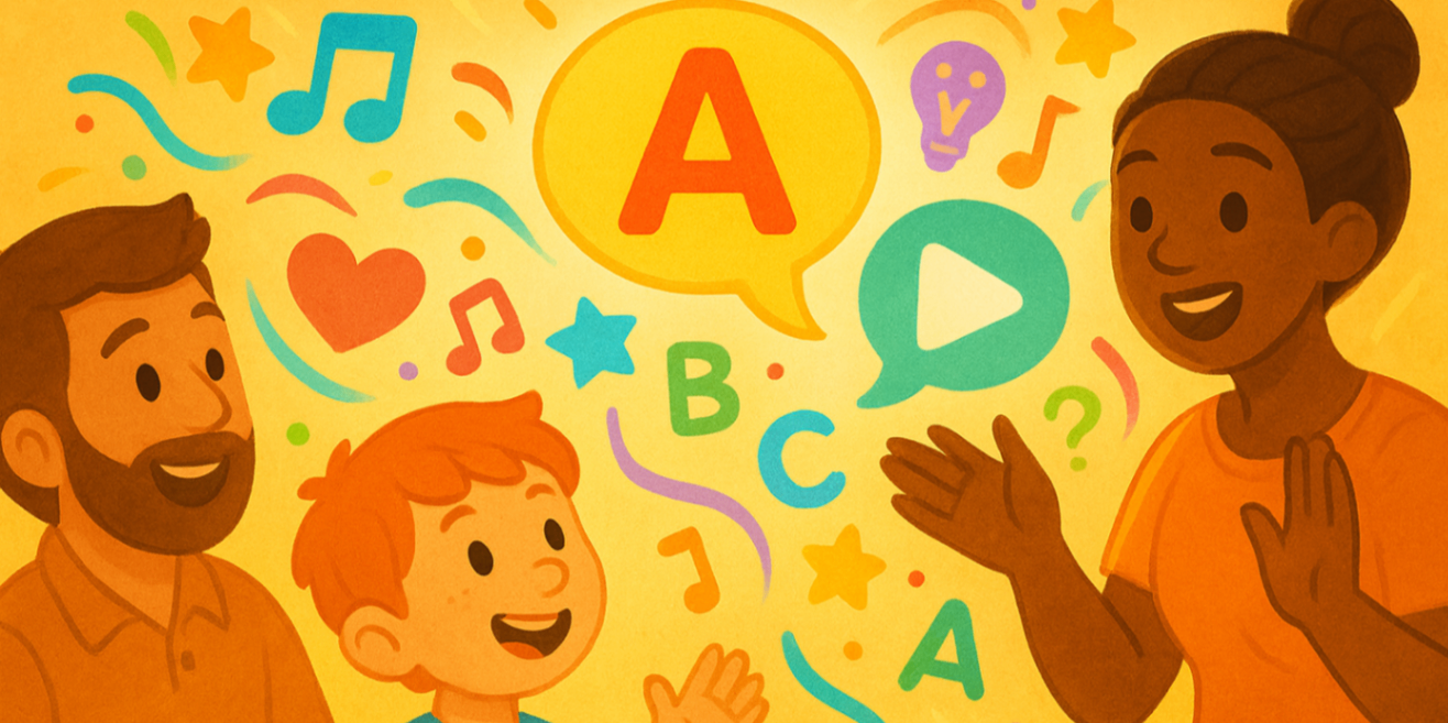 Illustration of a child and parent supported by a therapist, with floating letters and symbols representing language growth and literacy skills