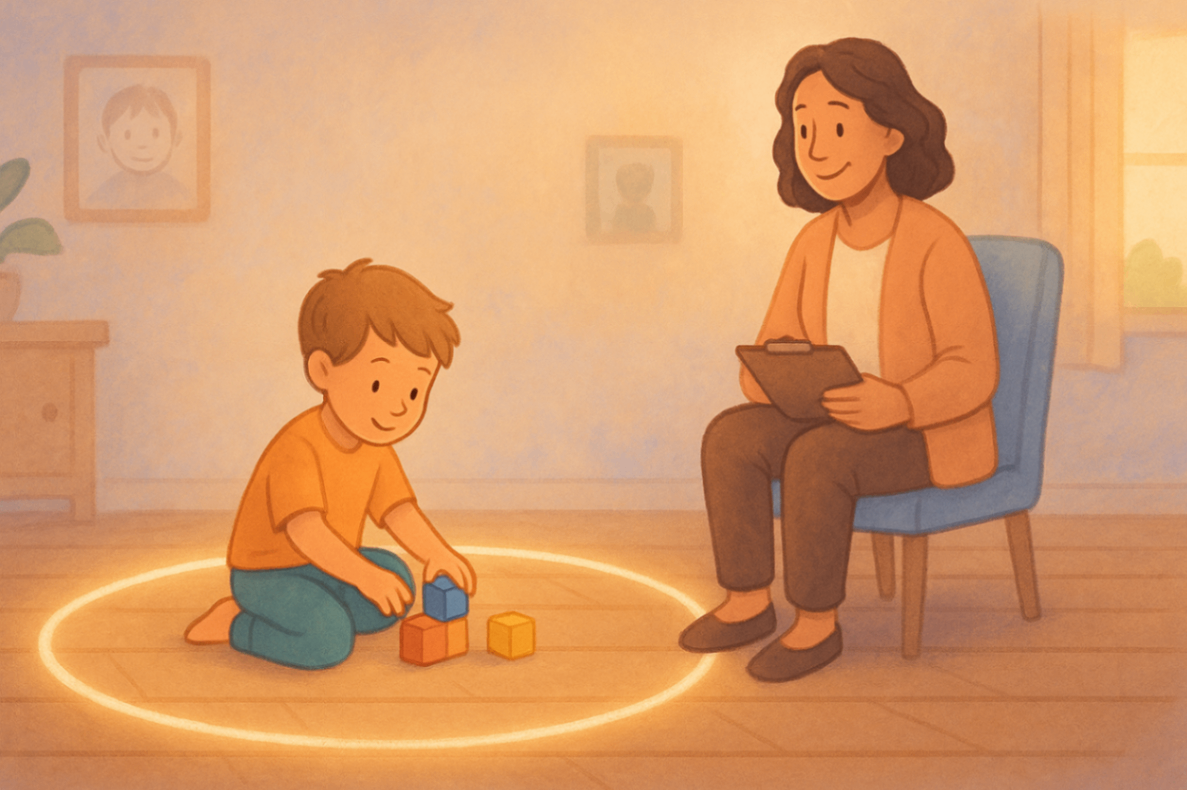 a child playing inside a softly glowing circle on the floor, gently observed by a support worker. The glowing line represents a protective boundary, symbolising safe, non-punitive behaviour support.