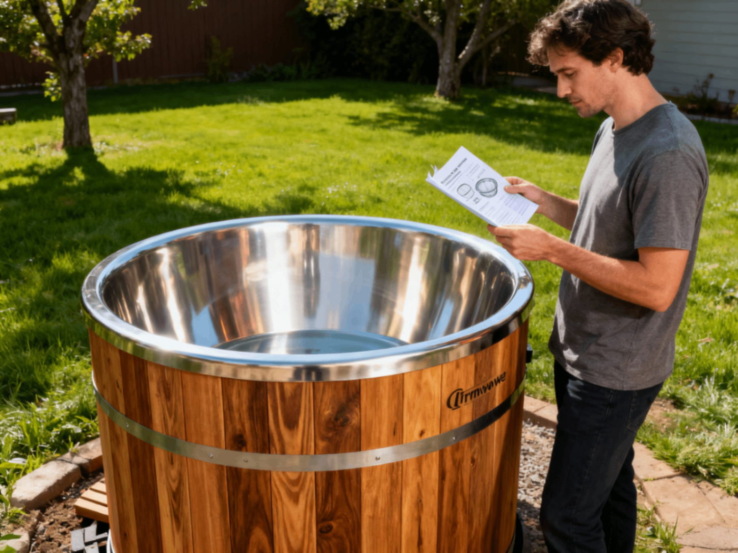 Man reading installation instructions next to a stainless steel and thermowood cold plunge tub in a backyard