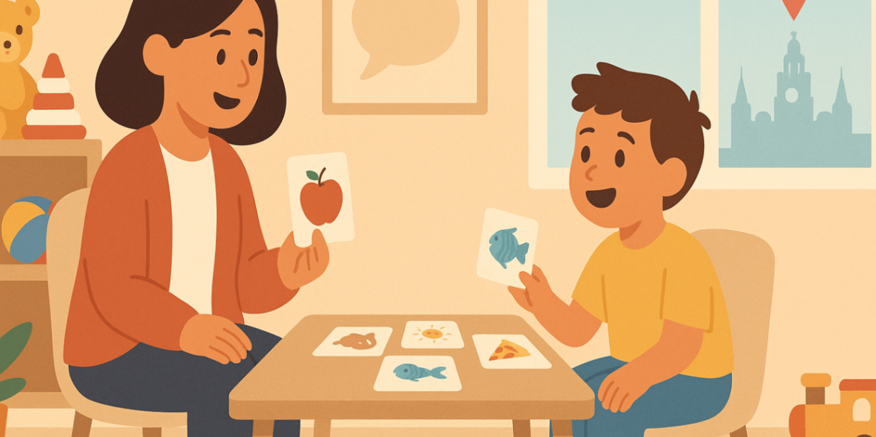 Speech pathologist working one-on-one with a child using picture cards in a Liverpool clinic — early intervention speech therapy