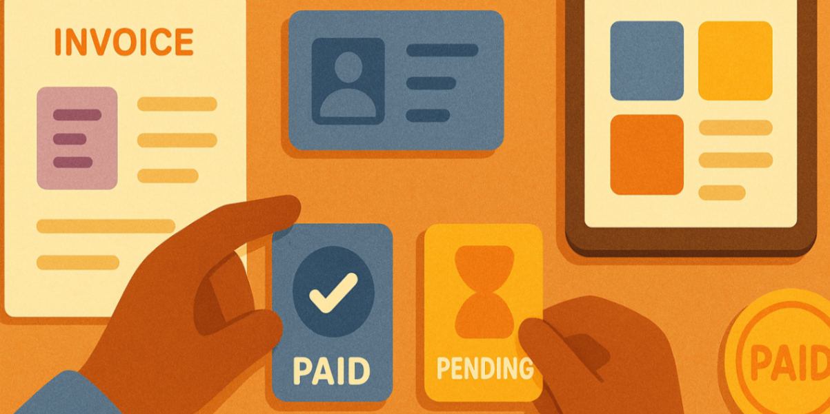 Plan manager at a desk showing a parent a simple icons-only invoice card and a paid-tick badge on a tablet — clear invoice and payment guidance.