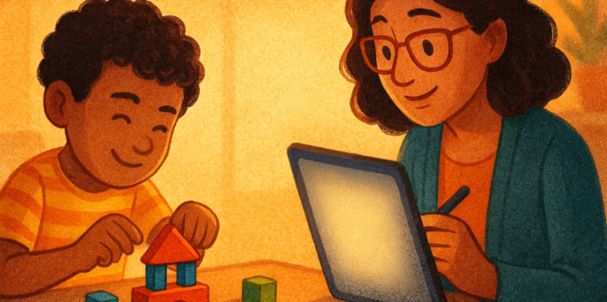 Clinician quietly observing a child during a structured play task and recording behaviour triggers and frequency on a tablet — FBA data collection
