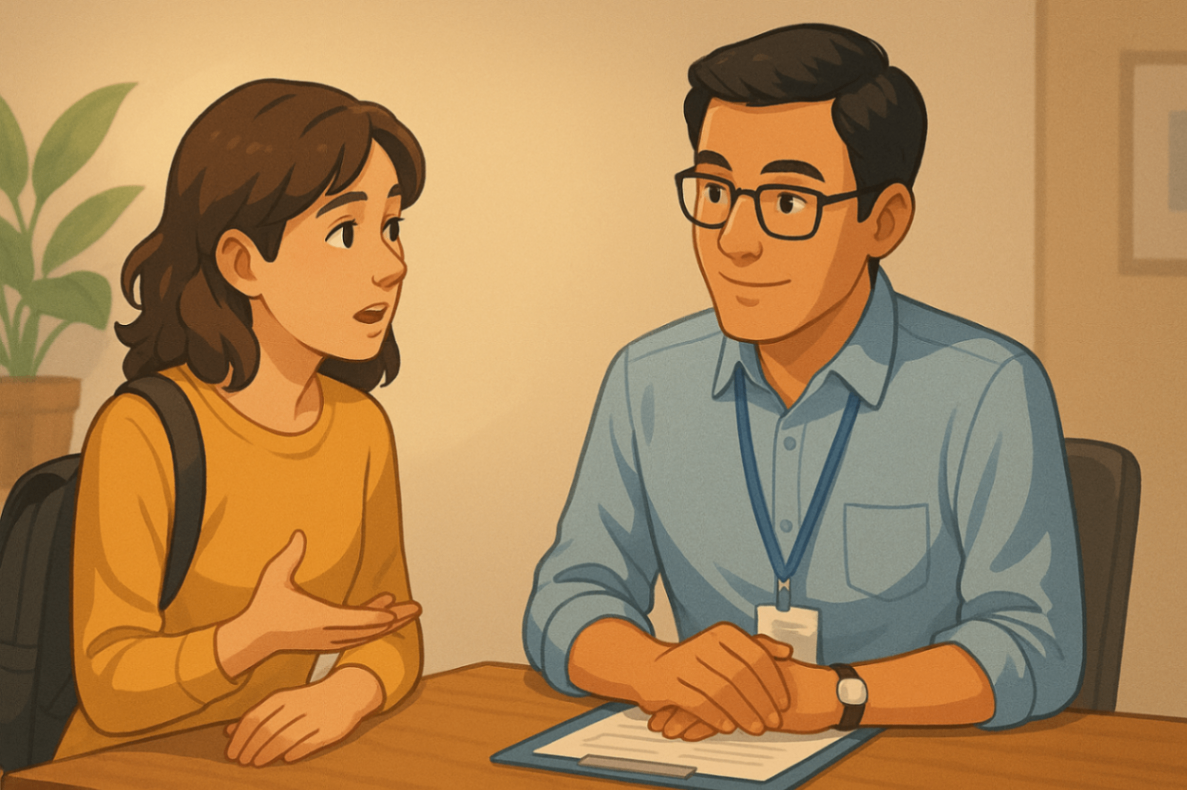 Adult student discussing Positive Behaviour Support career pathways with an NDIS-registered practitioner in Australia.