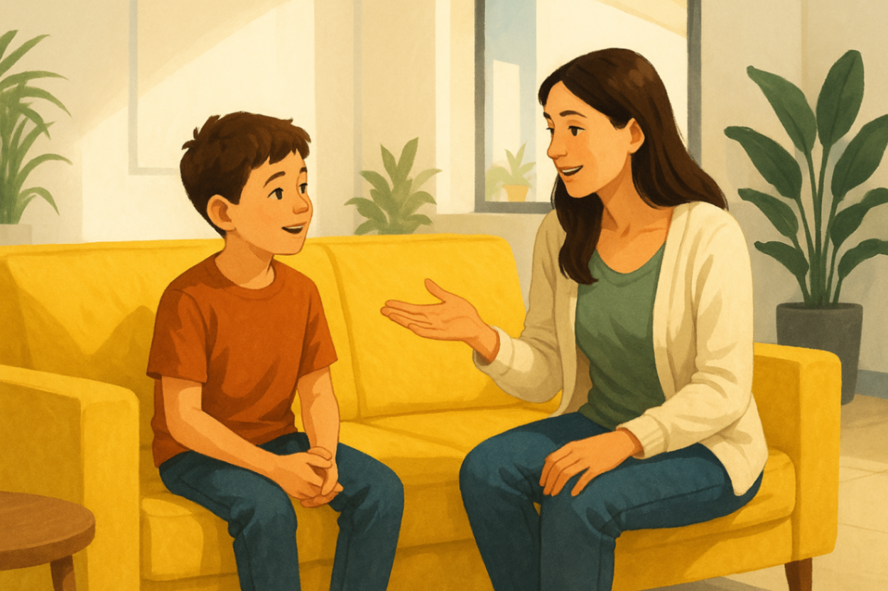 A child and mother in a bright therapy lobby with yellow couch and white walls, smiling and talking before a Positive Behaviour Support session in Liverpool.