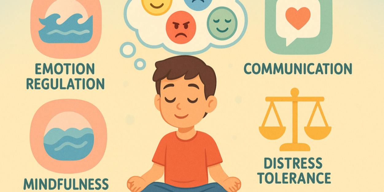 Child-friendly DBT illustration with icons for mindfulness, distress tolerance, emotion balance, and communication, featuring a calm and focused young learner.