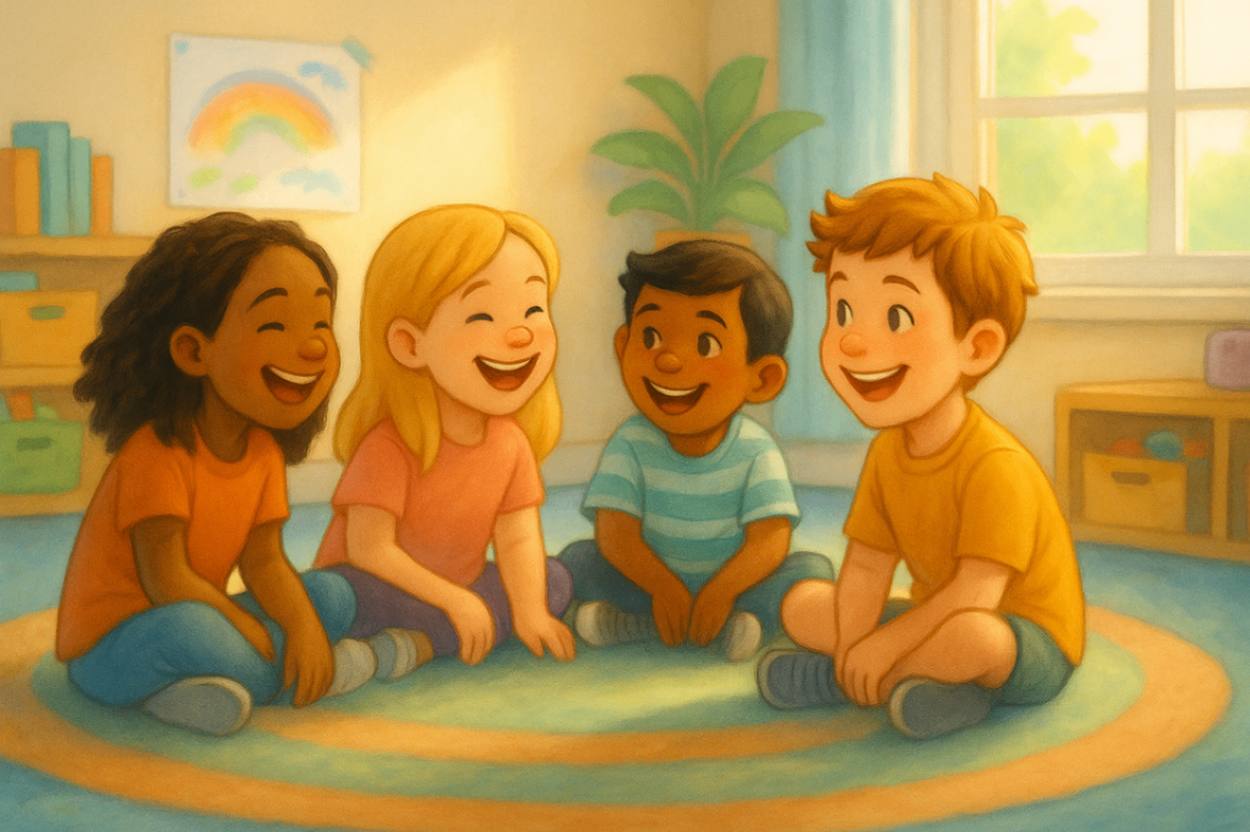 Four children talking in a speech therapy session in Liverpool.