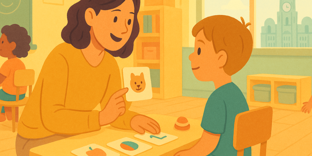 Speech pathologist kneeling in a classroom using picture cards and turn-taking games to assess school-readiness skills — local therapy support.