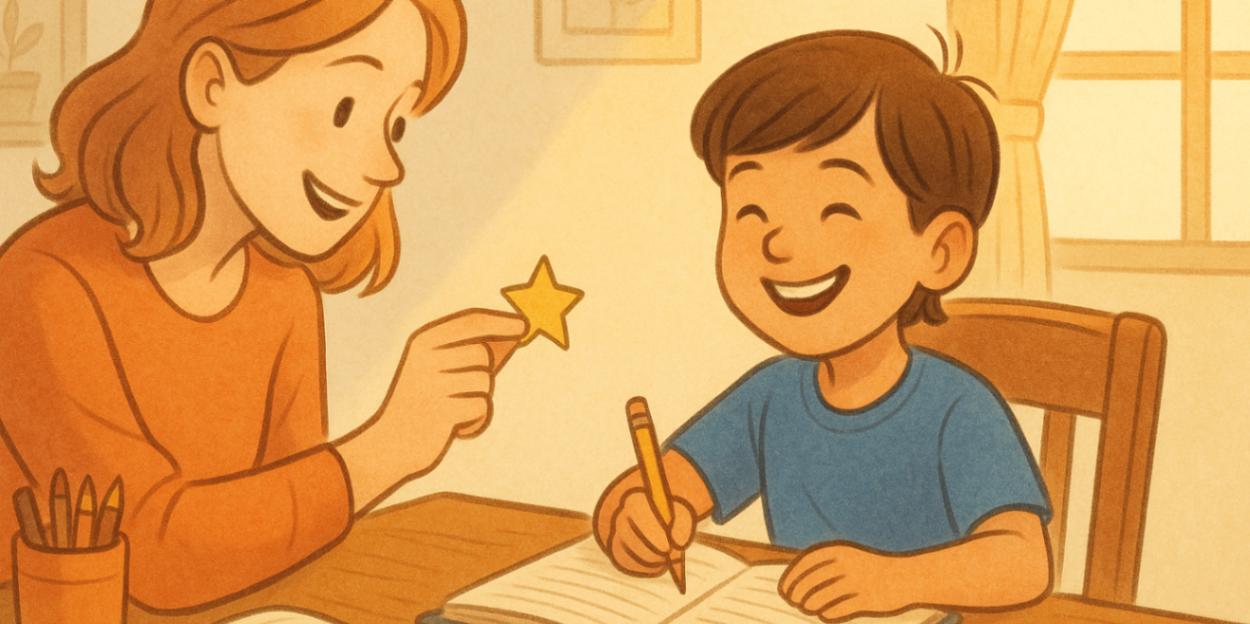 Parent praising child with a gold star sticker after homework, warm family illustration with soft shadows