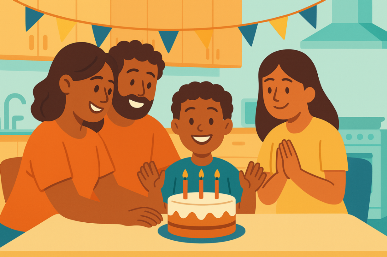 A young boy celebrating his birthday with cake while surrounded by smiling family members, showcasing inclusive NDIS-funded autism support in family life.