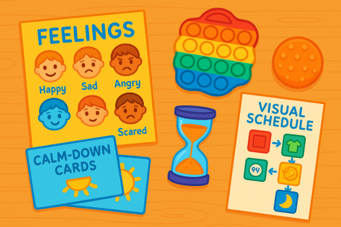 Emotional regulation toolkit for children used in specialised behaviour support, including feelings chart, fidget toy, and calm-down cards in a Liverpool therapy clinic.