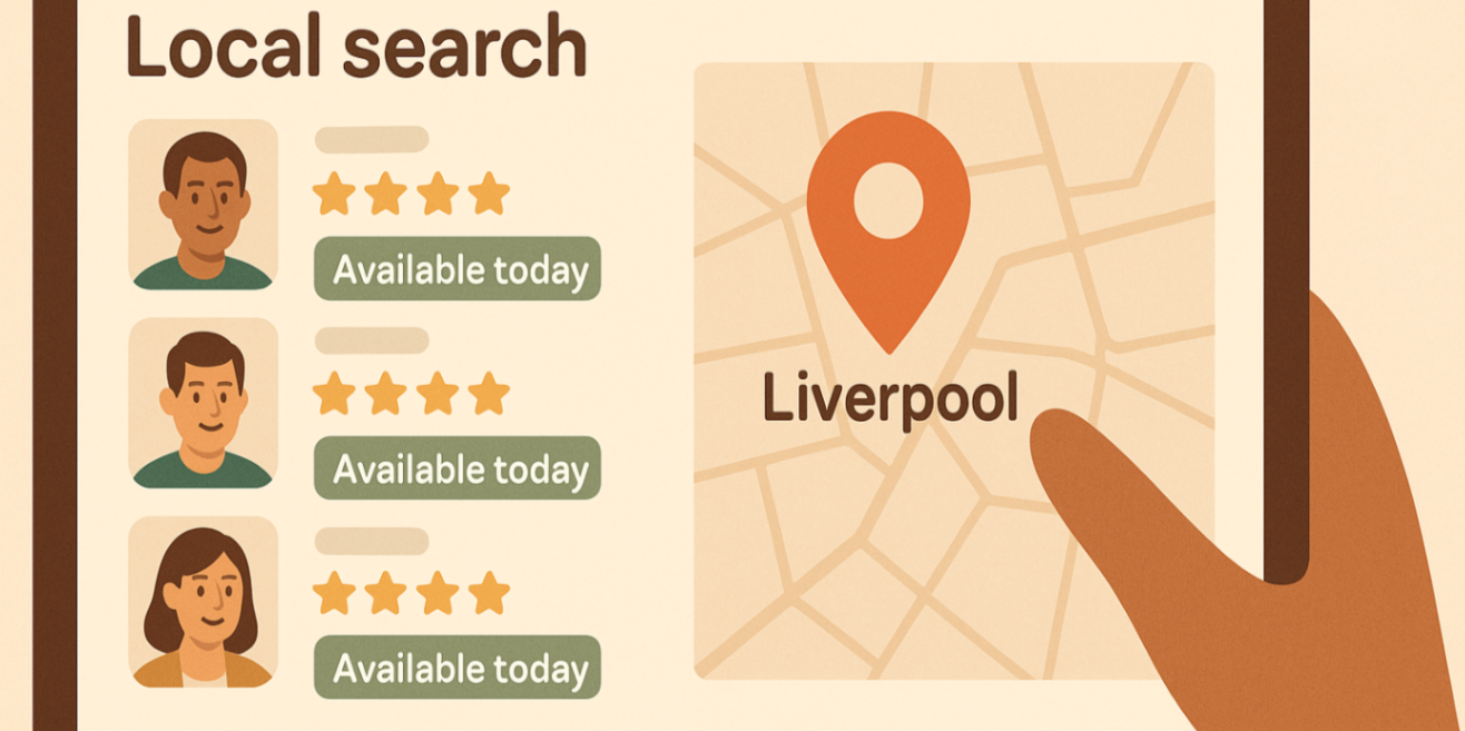 Laptop showing local NDIS plan manager profiles, ratings and "Available today" tags — find an NDIS plan manager near me.