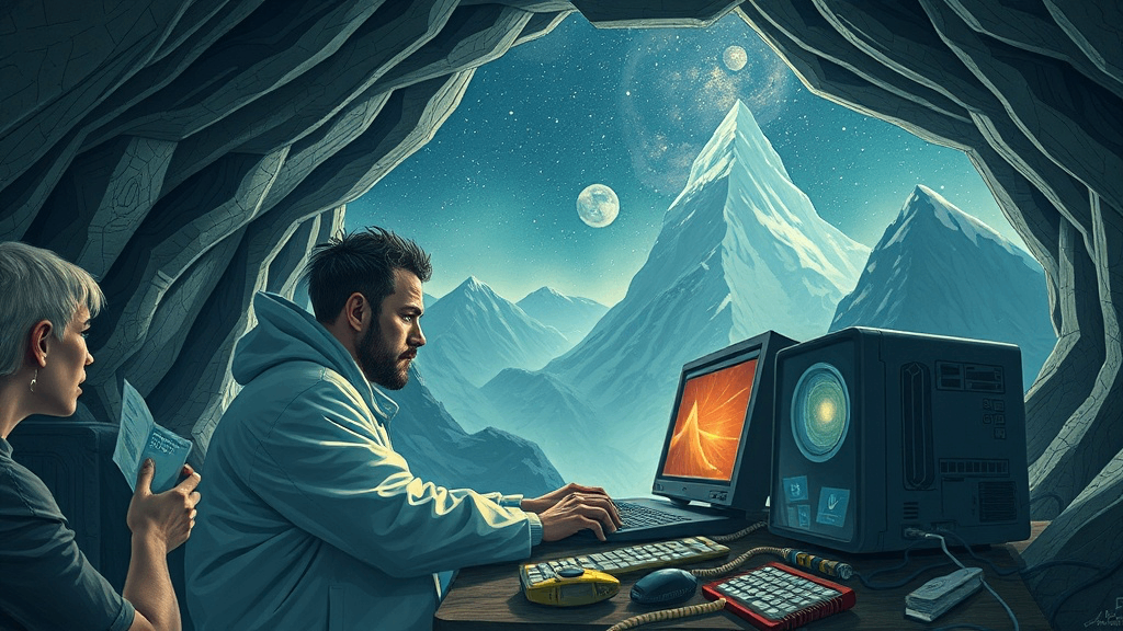 a man and woman sitting at a computer in a cave