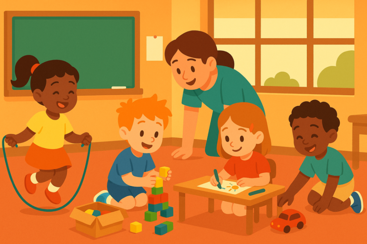Children engaging in structured play activities in a Liverpool classroom, supported by specialised behaviour therapists.