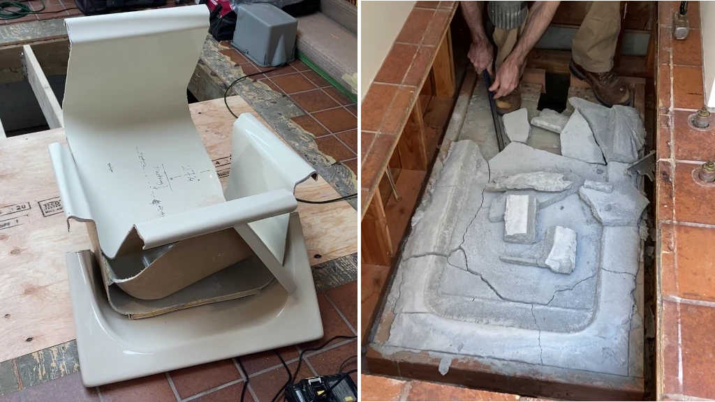Tub cut into pieces and under tub mortar removed