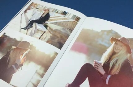 A spread from a visual diary featuring photographs of a woman in a hat, capturing moments of her day in a soft, warm light, ideal for personal stories and illustrated journals.