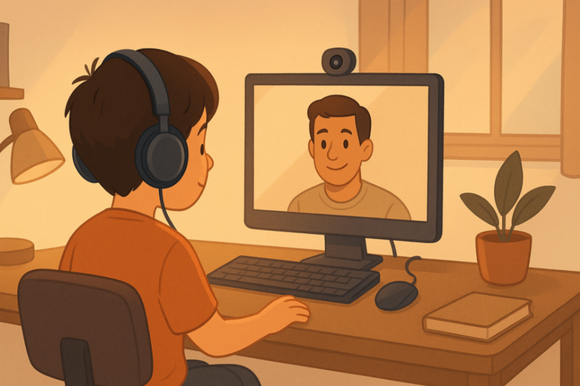 Child attending online behavioural therapy session via telehealth.