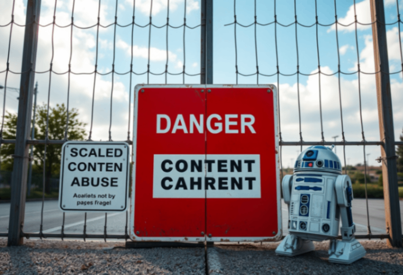 a droid standing next to a fence with a sign
