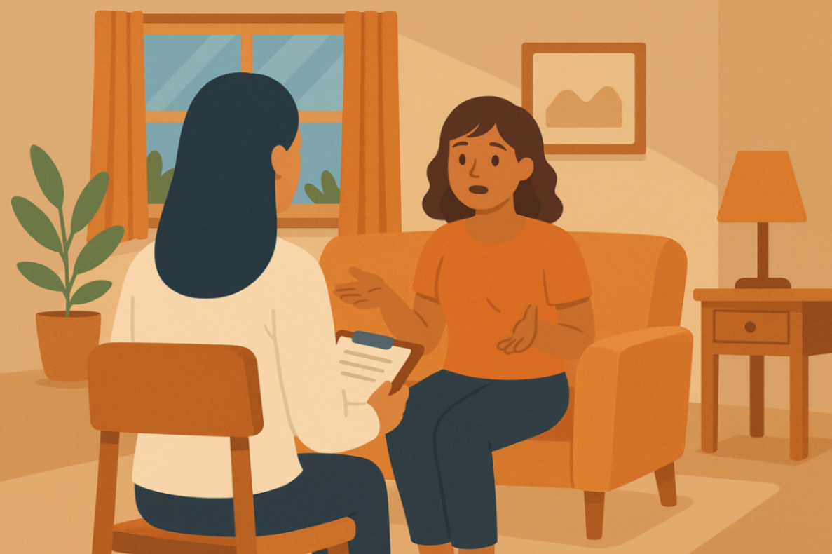Behaviour support practitioner consulting with a mother during an in-home NDIS therapy session in Liverpool.