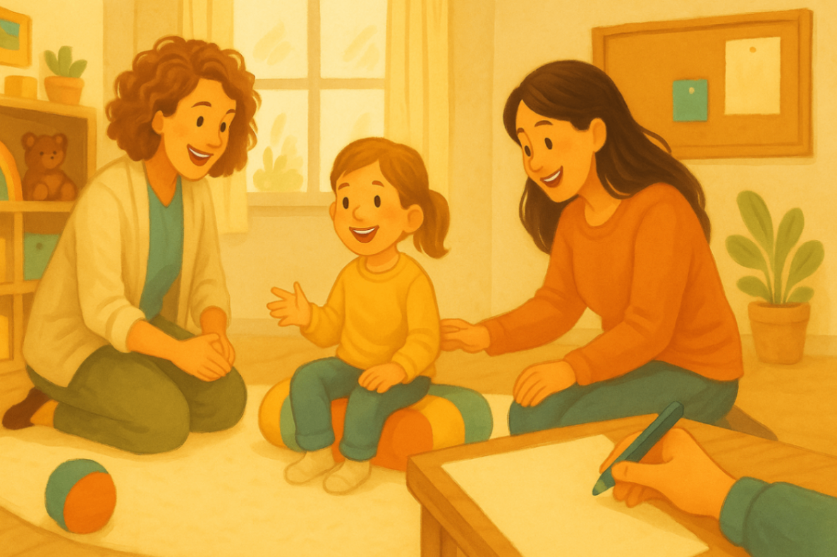 A caring behaviour support practitioner and a smiling mother kneel beside a child during a positive behaviour support session in a therapy room.