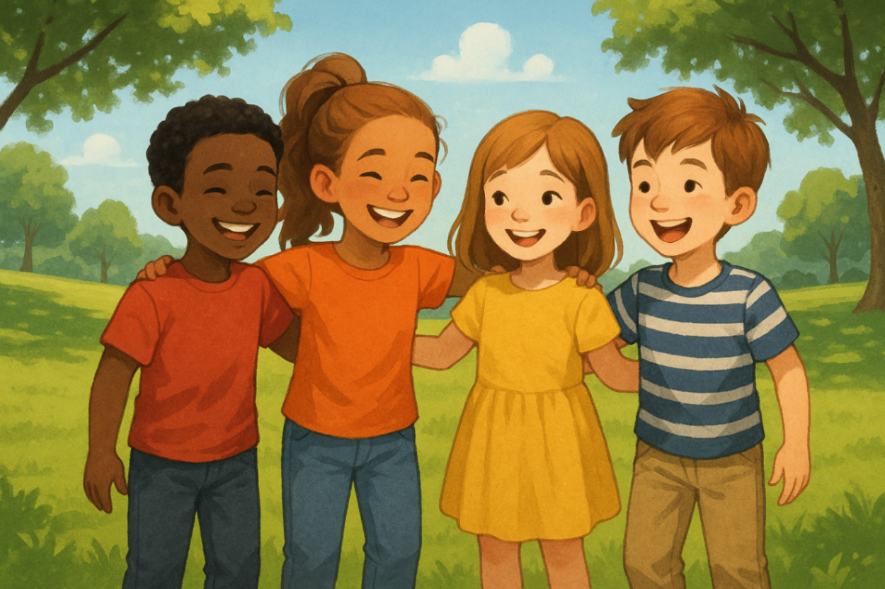 Four happy children playing together in a Liverpool park, benefiting from NDIS-funded early intervention supports.