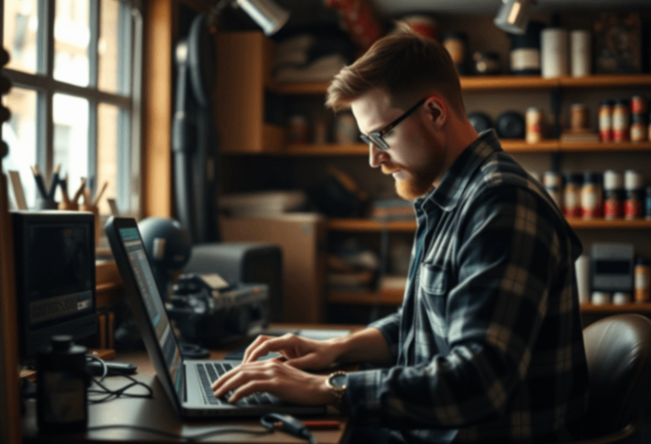a man working on a laptop in his home office
