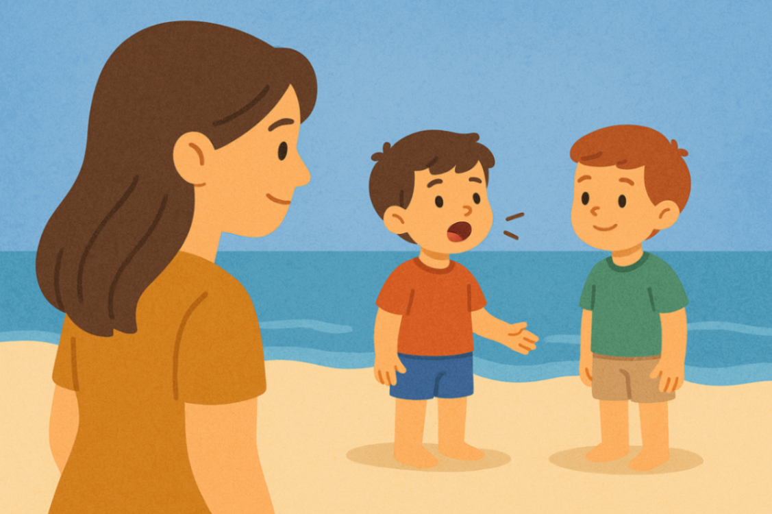 Mother watching her child talk to another kid at the beach, observing social interaction