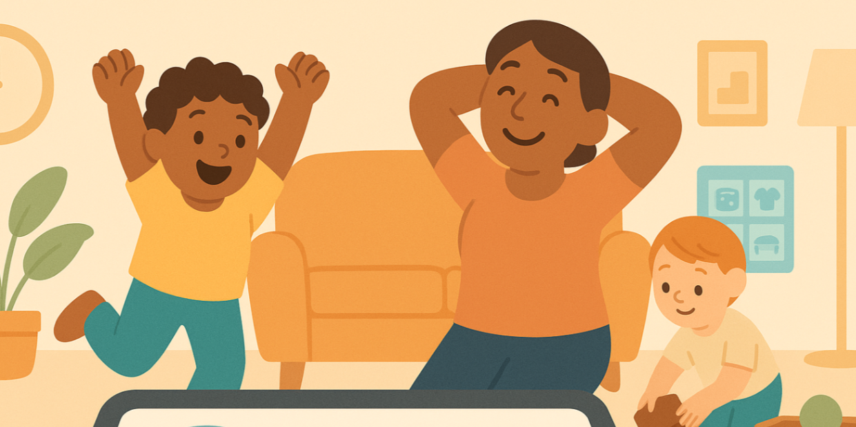 Family doing an active break with visual timer and tablet showing ‘Move/Calm/Reward’ — home routine to boost therapy progress.