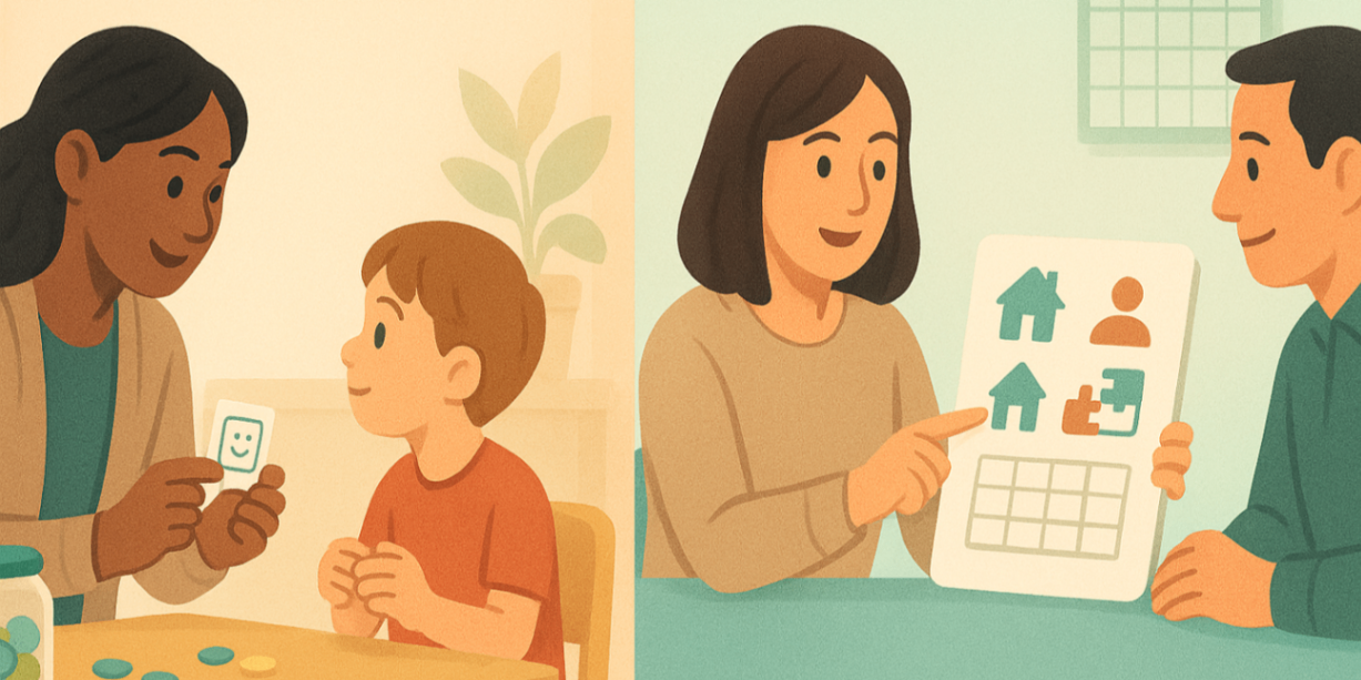 Behaviour therapist working one-on-one with a child using play prompts and token jar — clinical therapy practice