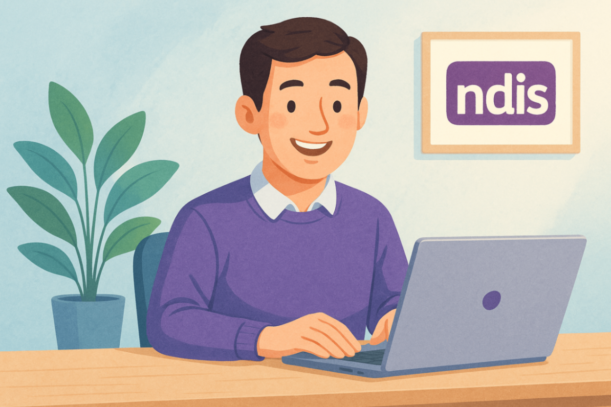 	Smiling NDIS plan manager working on a laptop, simplifying billing for clients in Liverpool.