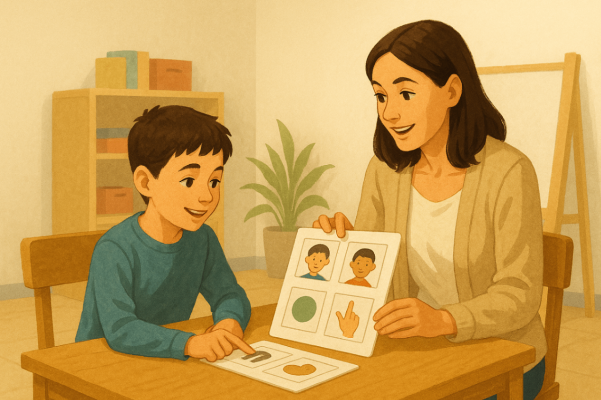 A young child and therapist inside a therapy room, using a visual aid to support Positive Behaviour Support goals under NDIS.