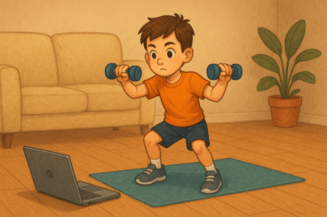 	A child doing guided exercises at home in front of a laptop during a telehealth exercise physiology session, showing accessible therapy from home.