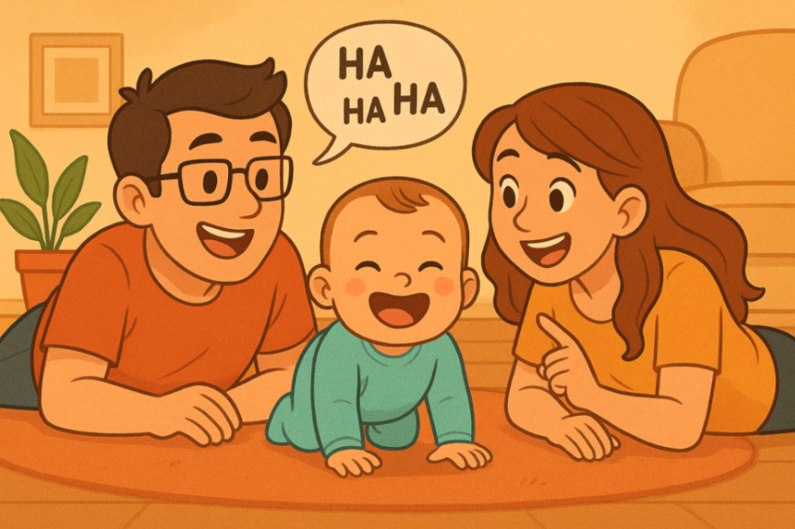 Baby interacting with parents through playful floor-based speech and bonding activities
