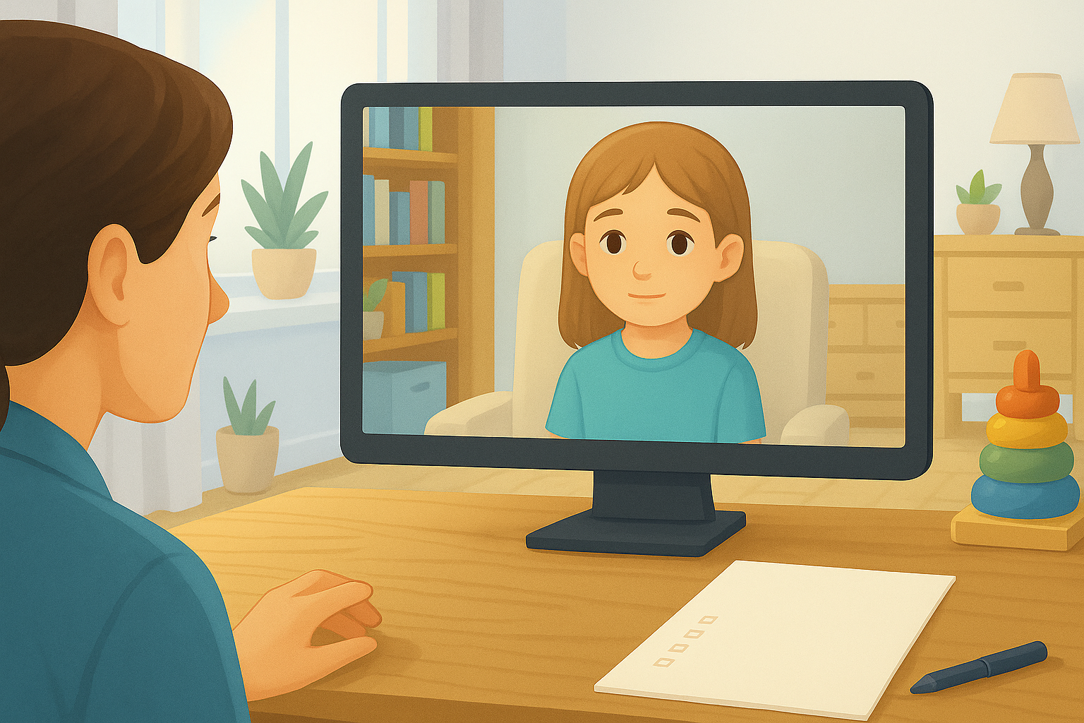 “Young girl appearing on a video call screen, attentively listening to her therapist during a telehealth session.