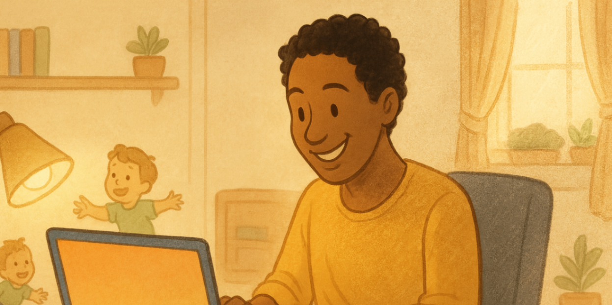 Parent at home office desk smiling at laptop with funding dashboard, child playing in background, warm light