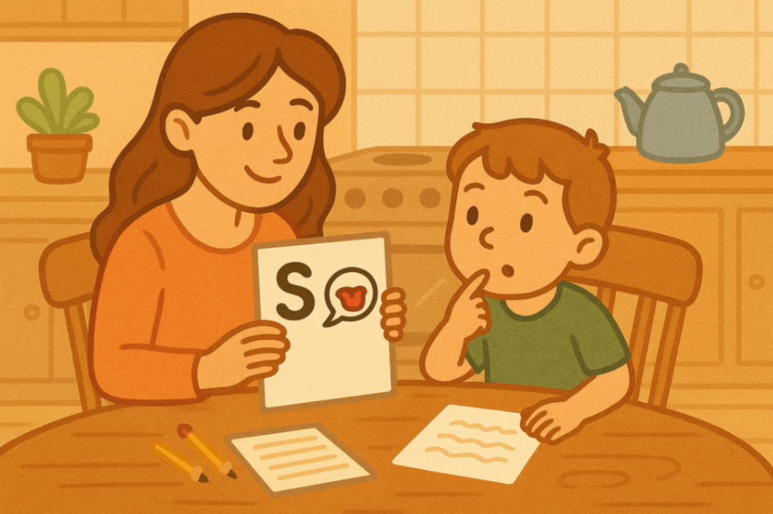 A parent and child laughing together while using flashcards and a speech app at their kitchen table, showcasing effective speech therapy routines in a Liverpool home.