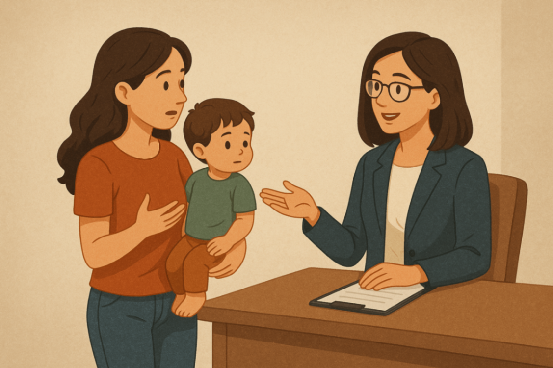 Mother holding her toddler while speaking with a behaviour support therapist, discussing early intervention and age-appropriate strategies.