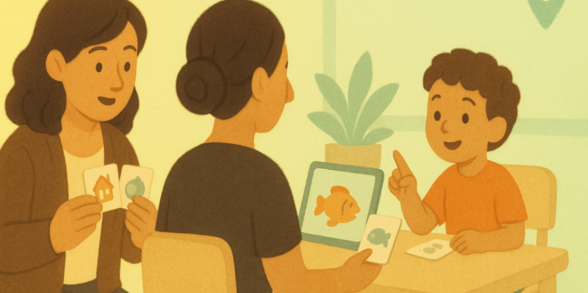 Therapist coaching a parent with home-practice cards and tablet while the parent works with the child — parent training and carryover.
