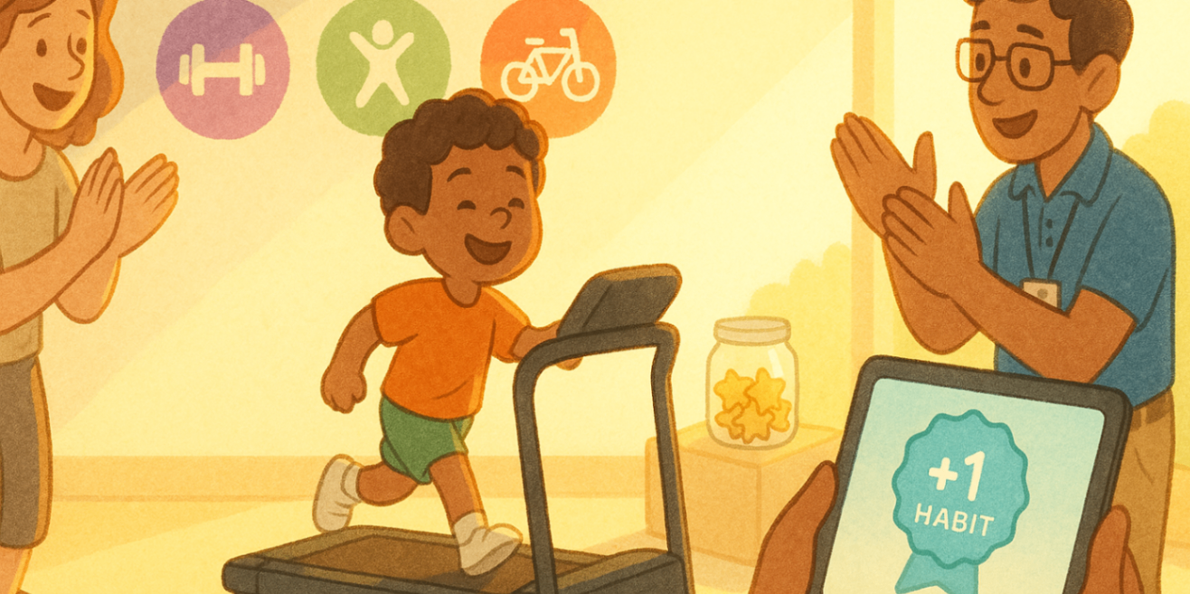 Child finishing a mini treadmill walk as an exercise physiologist and parent clap — clinic habit-building celebration