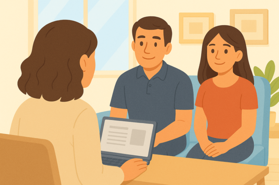  Therapist explaining NDIS behaviour support steps to parents during a session.