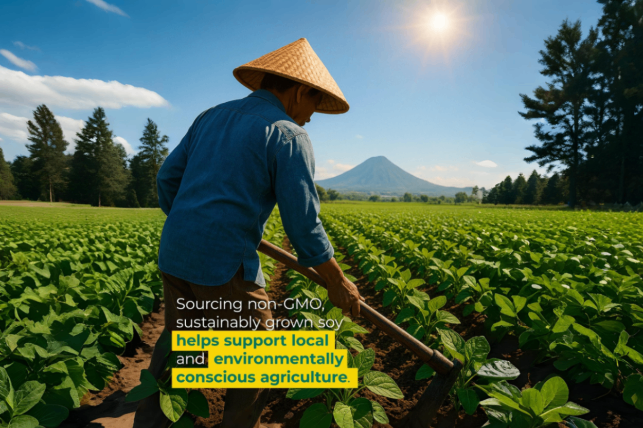 Farmer tending a green soybean field under bright sunlight with a mountain in the background.