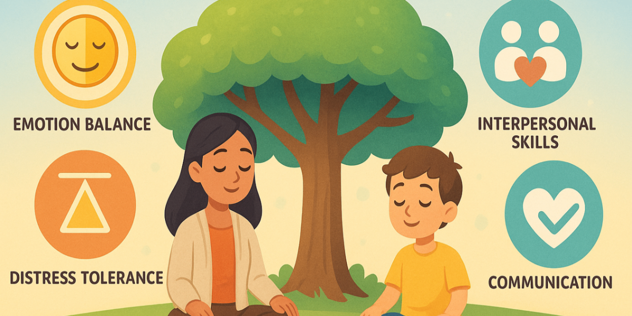 Digital illustration of a child and therapist practising mindfulness and emotion regulation under a tree, representing core DBT skills for children in a peaceful park setting.