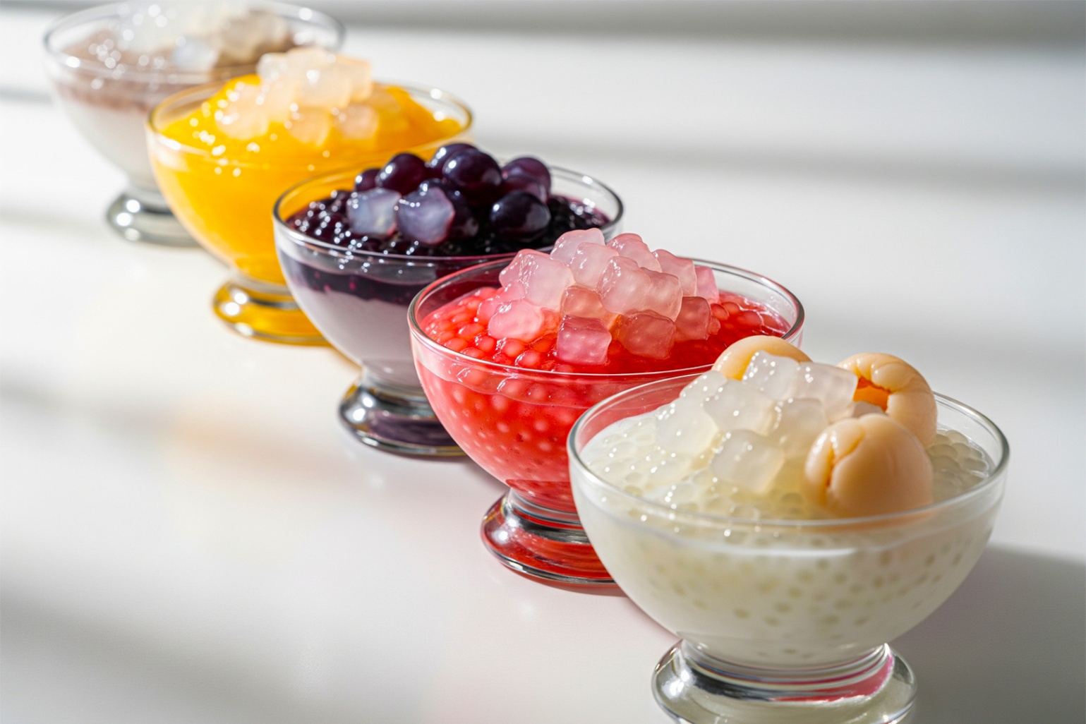 Five glass bowls arranged in a row, each filled with a different Jubes flavor served on sago pearls.