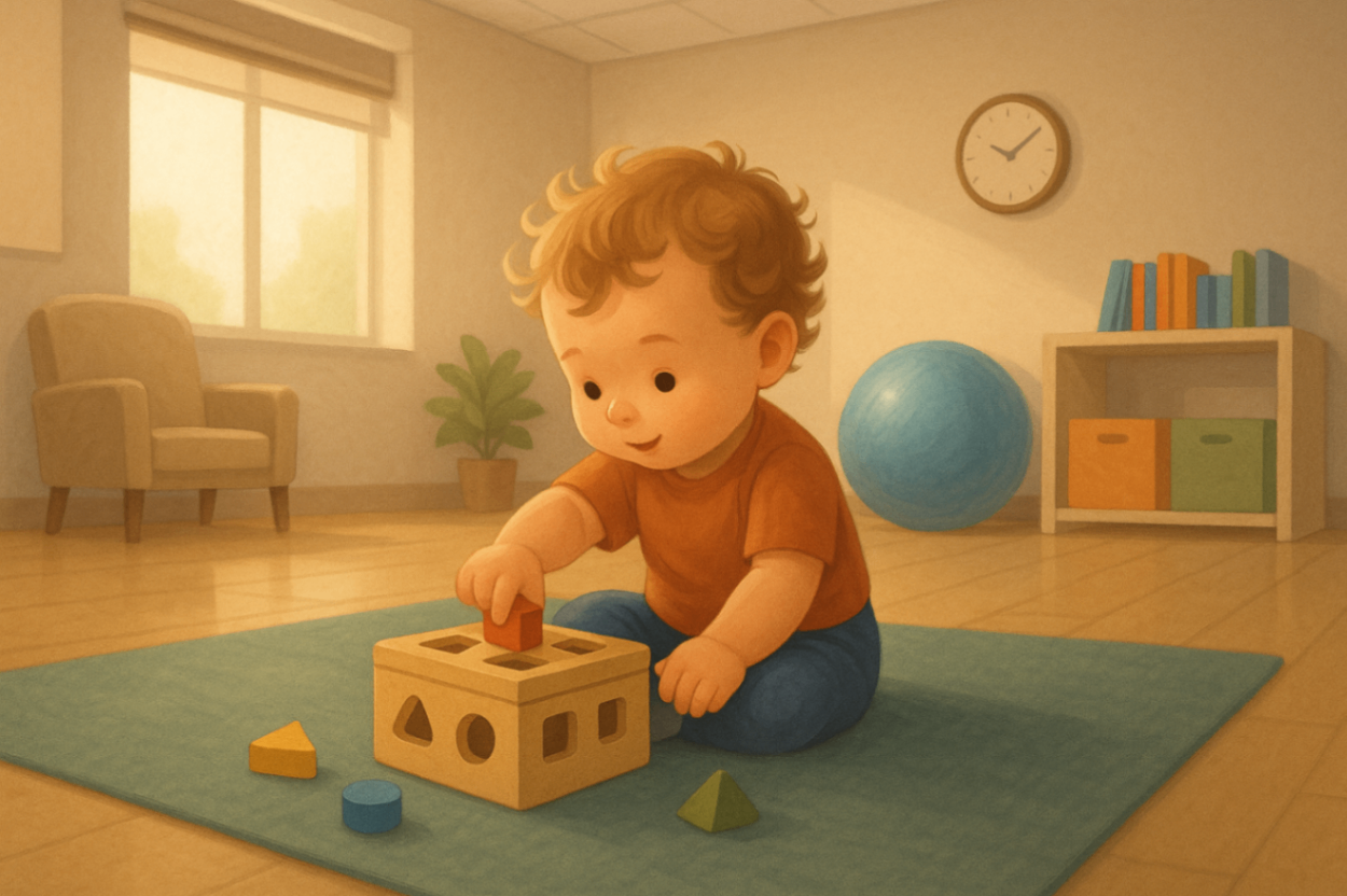 Two-year-old child engaging in a play-based behaviour support session inside a therapy room, highlighting personalised early intervention under NDIS.